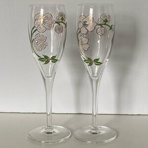 Vintage Perrier Jouet Hand Painted Champagne Flutes 7.5” Set Of 2 Flowers Pink